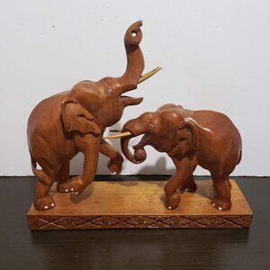 Vtg Midcentury Elephants Figurine Sculpture Hand Carved Wood Fight or Play 12x11